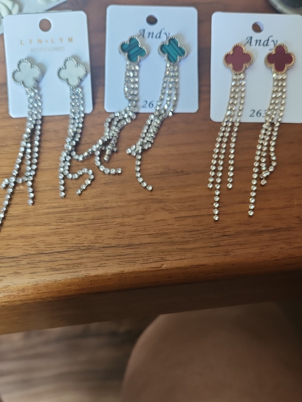 3 Pair Of Long Tassel Clover Drop Earrings - Red, Green, White